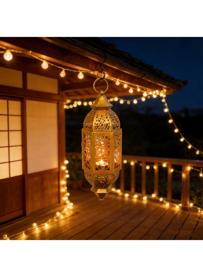 Decorative Golden Hanging Lantern – Premium Metal Ramadan Lamp with Beautiful Light Patterns, Ideal for Wall Mount, Tabletop Display & Thoughtful Festival Gifts（Y-67-GOLD） - Image 3